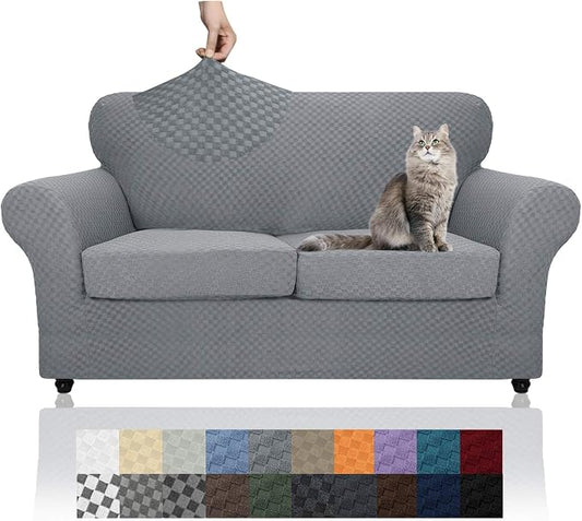 YEMYHOM Latest Checkered 3 Pieces Couch Covers for 2 Cushion Couch High Stretch Thickened Love Seat Sofa Cover for Dogs Pets Elastic Loveseat Slipcover Protector (Light Gray), 55"-69"(2 Cushions) by YEMYHOM