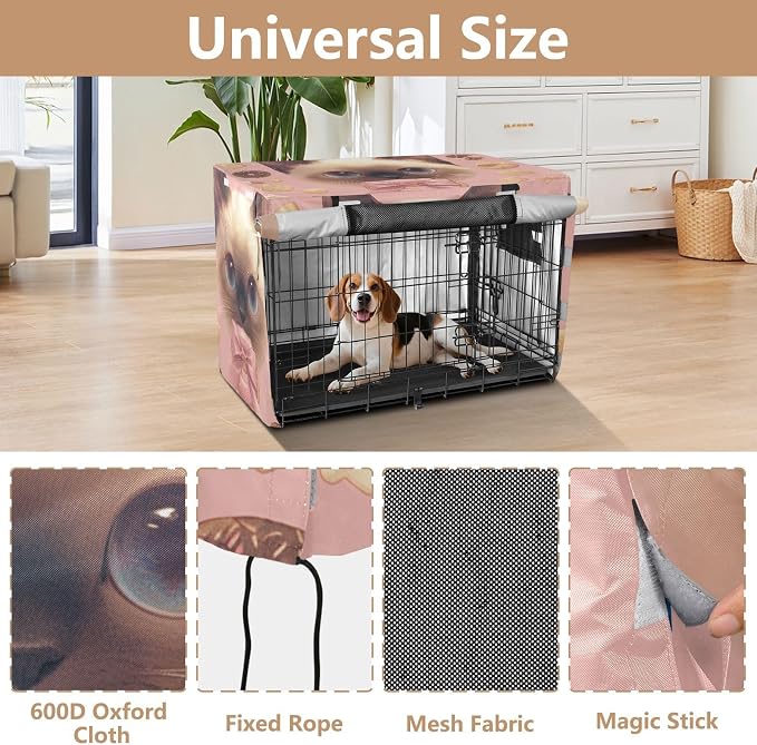 Dog Crate Cover Kennel Cover for Dog Cages Breathable for Wire Cage Indoor Outdoor Siamese Doughnut Bones Gray Pink - Image 4
