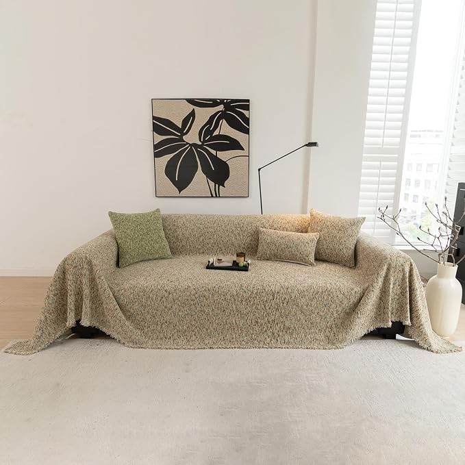 ROOMLIFE Boho Beige Couch Cover for Dogs, Washable Non Slip Furniture Protector Couch Sofa Covers for 3 Cushion Couch, Soft Chenille Couch Cover Throw Blanket with Tassels 71''X118'' - Image 5