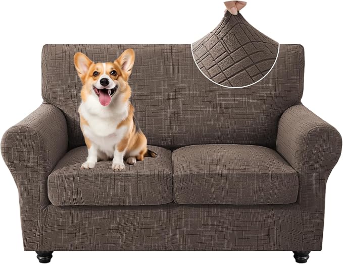 CYCMCAO 3 Piece Stretch Sofa Cover Couch Covers for 2 Cushion Couch, Non Slip Loveseat Covers, Sofa Covers Washable with Elastic Bottom for Kids, Dogs (Light Brown), 55"-69" (2 Cushion Loveseat) by CYCMACOHOME
