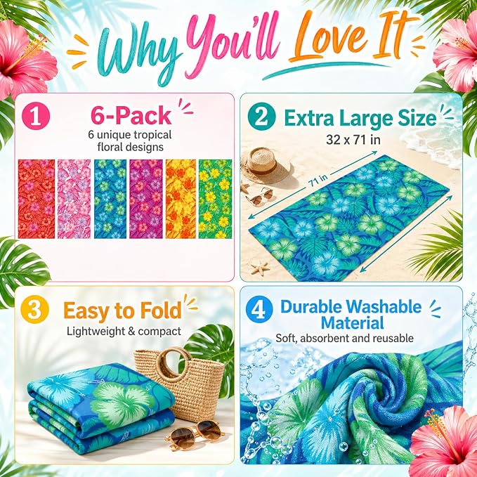 6 Pack Microfiber Beach Towel Set 32x71 Oversized Extra Large Swim Pool Towel Soft Fiber Beach Towels Set Bath Blanket for Summer Travel Spa Swim Accessories Vacation Essential Gift(Tropical Flowers) - Image 3
