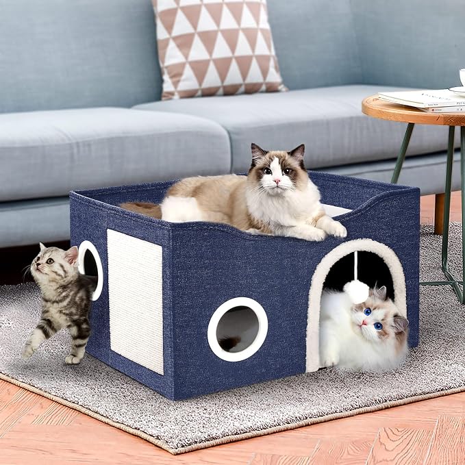 Heeyoo Cat House for Indoor Cats - Large Cat Bed Cave with Fluffy Ball and Scratch Pad, Foldable Cats Houses & Condos, Cat Hideaway, Covered Kitty Bed for Multi Small Large Kitty, 23.8x15.9x13.2 Inch - Image 7