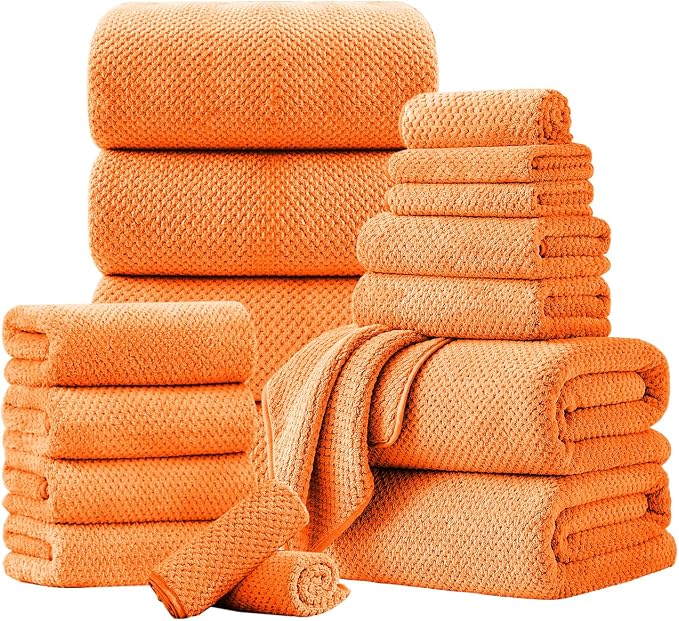 18 Piece Microfiber Bath Towels Set - 6 Bath Sheets,6 Hand Towels And 6 Washcloths,Soft Family Towels,Highly Absorbent Bathroom Towel,Quick Dry Shower Towel Luxury Towels For Hotel Spa Dorm-Tangerine by FerdilanUS