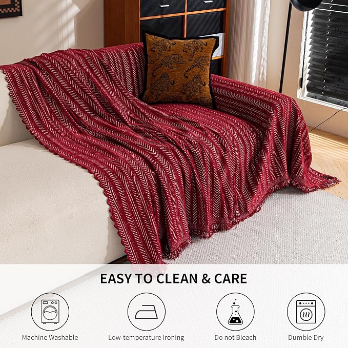Sofa Covers for 3 Cushion Couch Seat, Loveseat Non Slip Couch Cover Chenille Strip Couch Throw Blankets with Tassels, Sectional Sofa Slipcovers Furniture Protector for Pets, Kids 71"x134", Wine - Image 6
