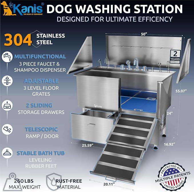 KANIS Professional Dog Washing Station 304 Stainless Steel Pet Wash Sink | Grooming Bathtub w/Shower, Floor Grates and Storage for Large, Medium & Small Pets - Image 2