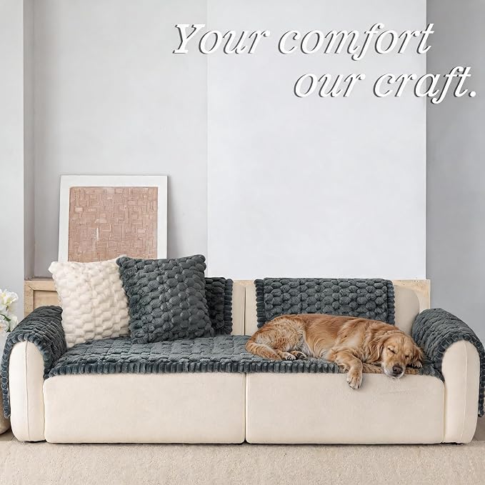 Upgraded Washable Non Slip Dog Couch Cover, Soft Thick Fuzzy Sofa Slipcover, Pet Friendly Furniture Protector for Sofa Couch(Dark Grey,28"x94") - Image 3