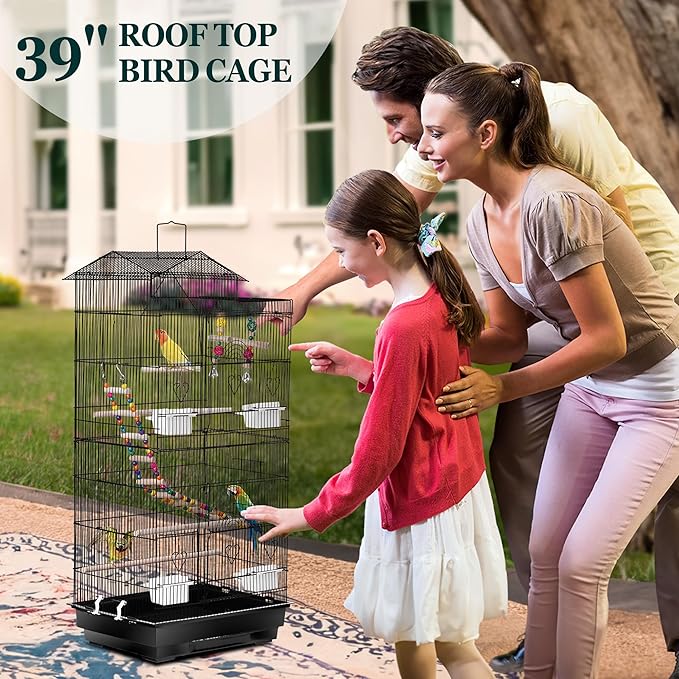 ZENY 39-inch Roof Top Large Flight Parrot Bird Cage for Small Quaker Cockatiel Canary Sun Parakeet Green Cheek Finch Budgie Lovebirds Wrought Iron Pet Bird Cage w/Toys - Image 3