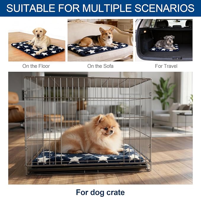 Washable Dog Bed Mat With Anti-Slip Bottom, Deluxe Plush Memory Foam Crate Pad & Waterproof Outdoor Kennel Mat For Dogs & Cats-Durable Crates Beds, Large Medium Small Puppy Size 36" x 24",Blue - Image 5