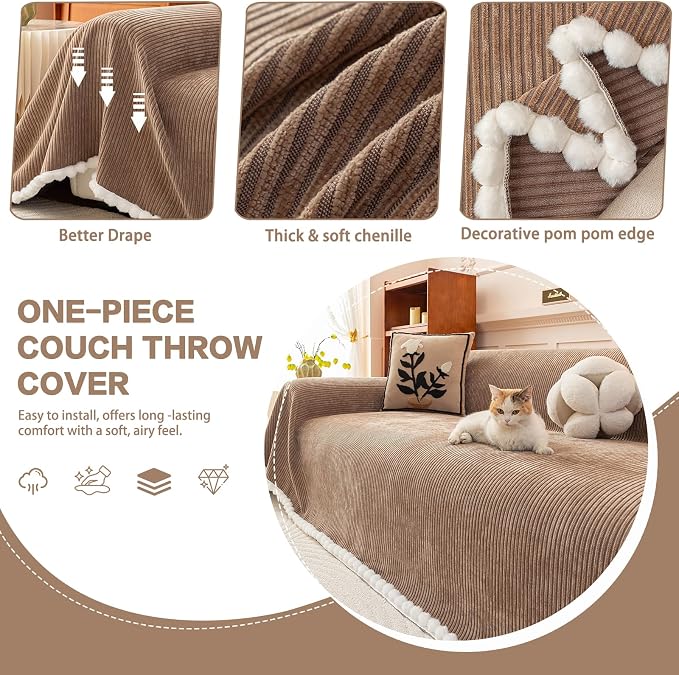 DREAMINGO Striped Chenille Couch Cover Blanket Washable Furniture Protector for Pets/Kids Farmhouse Modern Style Decorative Sofa Throw Cover for Living Room, Pom Pom Trim, Coffee, 71"x134" - Image 3