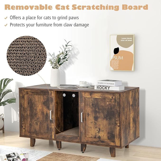 Tangkula Patented Double Cat Litter Box Enclosure for 2 Cats, Large Stackable Hidden Privacy Cat Washroom Cabinet with Scratching Board, Indoor Cat House TV Stand, Litter Box Furniture (Rustic Brown) - Image 3