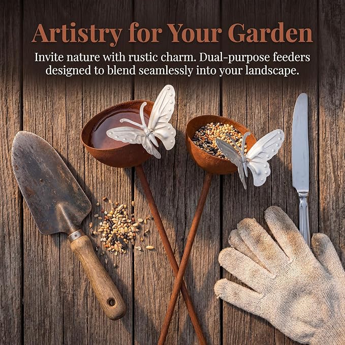 2 Pack Rusty Rain Catcher Garden Stake - Adjustable Metal Bird Feeder and Bath Bowl, Butterfly Style Vintage Outdoor Decor for Lawn Yard, Attracts Birds and Beneficial Insects - Image 4