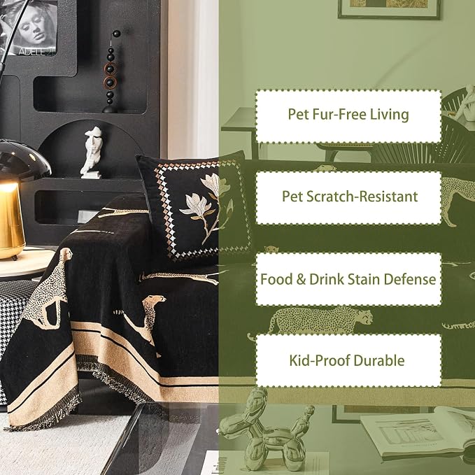 Chenille Sofa Cover with Tassels, Non-Slip Couch Cover for Seat Sofas, Washable Furniture Protector for Pets & Kids, Modern Leopard Pattern Chenille Blanket (Black, 71"x134") - Image 6