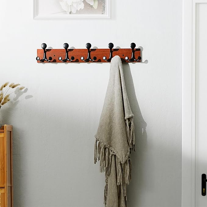 SKOLOO 24-Inch Cherry Wood Coat Rack Wall Mount with 5 Triple Hooks - Ideal for Family Entrances, Classrooms, and Pet Supplies Storage - Perfect Coat Hooks for Wall - Image 2