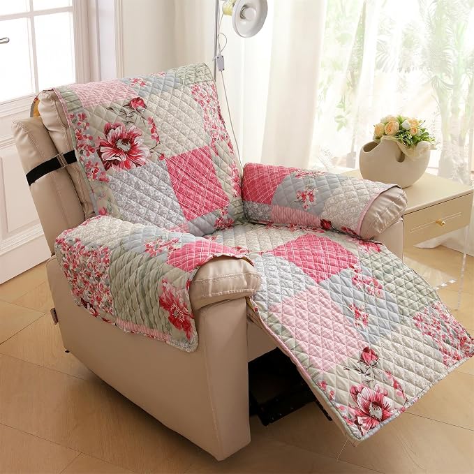 Cmfshape Skidproof Sofa Cover-Patchwork Sofa Slipcover with Elastic Straps-Easy Fit Slip Cover-Rose Washable Furniture Protector for Pets and Kids(Recliner,Pink&Grey) by cmfshape-quiltset