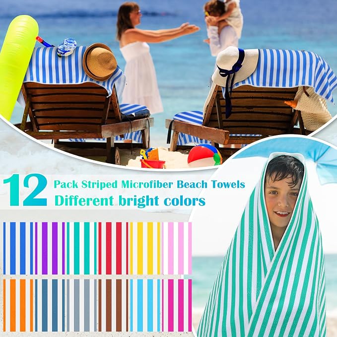 Mindsoft 12 Pack Microfiber Beach Towel Bulk Pool Towel 27.5 x 59'' Large Striped Highly Absorbent Quick Dry Soft Swim Travel Towel Bath Towel Set Cute Summer Pool Party Favor for Kid Adult, 12 Colors - Image 3