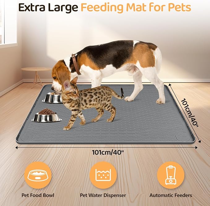 Dog Food Mat 40''x40'' Extra Large Dog Mat for Food and Water,Dark Grey | Silicone Dog Bowl Mat with Raised Edge, Waterproof Non-Slip Pet Feeding Mat for Floors, fit for Dog Cat Bowls - Image 2