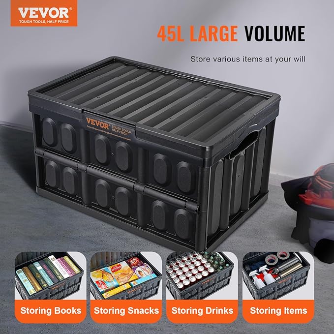 VEVOR 45L Collapsible Storage Bins with Lids 3 Packs, Stackable Utility Crates with Handles, Large Folding Containers for Organizing Tools, Snacks, Books, Food, Drinks, Camping & Transport - Image 2