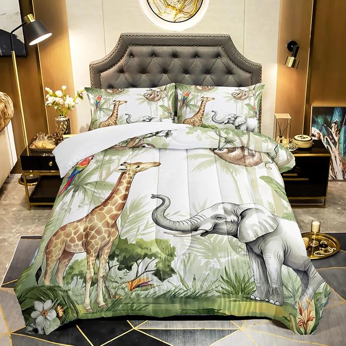 QOOMO Elephant Giraffe Monkeys Comforter Twin Size,Wild Animals Kids Comforter Set,3Pcs Bedding Set Printed Comforter with 2 Pillowcases,Down Alternative,Soft and Lightweight,for All Seasons by QOOMOHOME
