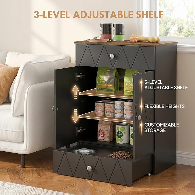 Pet Feeding Station with Storage, Raised Dog Bowls, Pet Feeder Cabinet, with Adjustable Shelves, Rolling Drawer, Hooks, for Feeding & Watering Supplies (Black) - Image 3