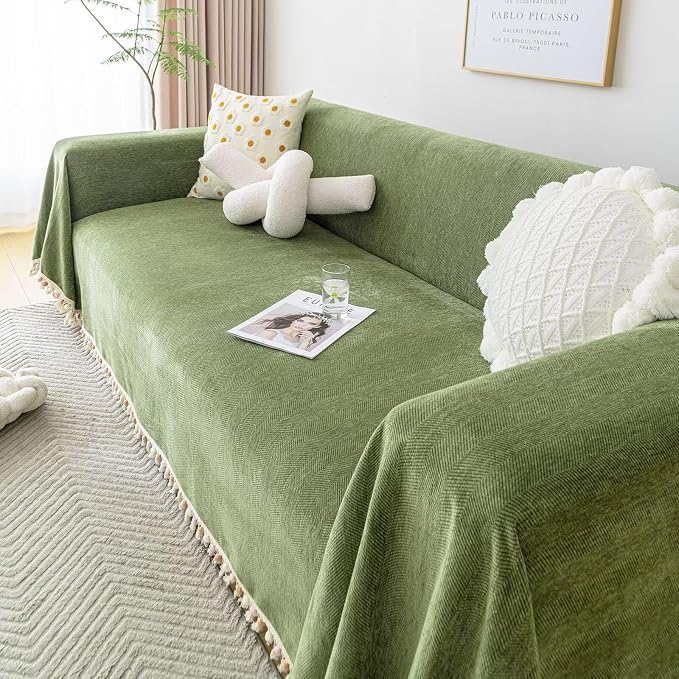 VClife Boho Couch Cover Non Slip Pet Friendly Chenille Sofa Covers, Dog Couch Cover for 2 Cushion Couch Sofa Breathable Wear Resistant Furniture Couch Protector with Tassel Ball, Green, 71"x118" - Image 5