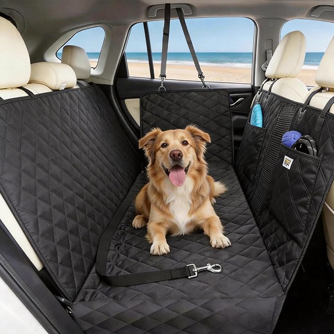 PETTALK Deluxe 2 Sided Dog Car Cover for Back Seat,Waterproof Protector | 2 Sided for Double Comfort 4 Seasons,Durable Heavy Duty,Anti Scratch,Non-Slip,Odorless,Cars SUVs Truck,Dog Seat Belt Included by PETTALK