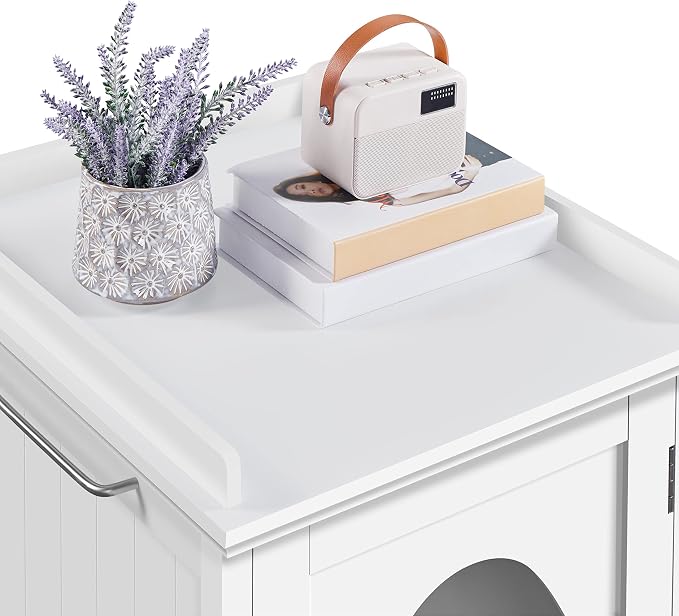 Yaheetech Cat Litter Box Enclosure, Hidden Litter Box Furniture with Side Towel Bar, Wooden Cat Washroom, Storage Cabinet, Indoor Pet House, Side Table Nightstand, White - Image 5
