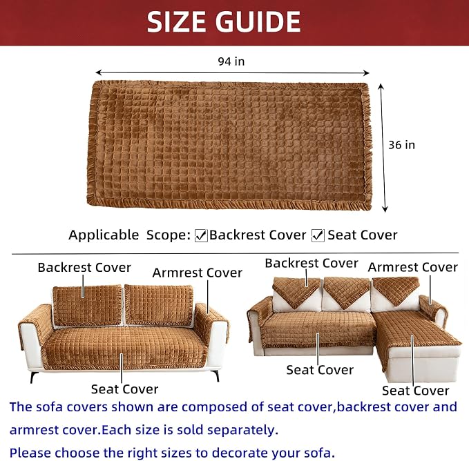 Couch Cover Sectional Couch Covers Non Slip Sofa Covers Washable for 3 Cushion Couch L Shaped Couch Protector Sofa Slipcovers for Kids Dogs Pets,Velvet,Coffee,36''x94''(Only 1 Piece) - Image 3