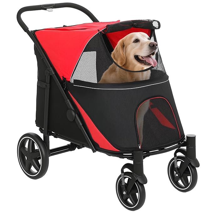 PawHut Dog Stroller for Large Medium Small Dogs up to 66 Lbs. 23.5" in Body Length, One-Click Foldable Pet Cat Stroller with Storage, Shock Absorption Wheels, Mesh Window, Safety Leash, Red