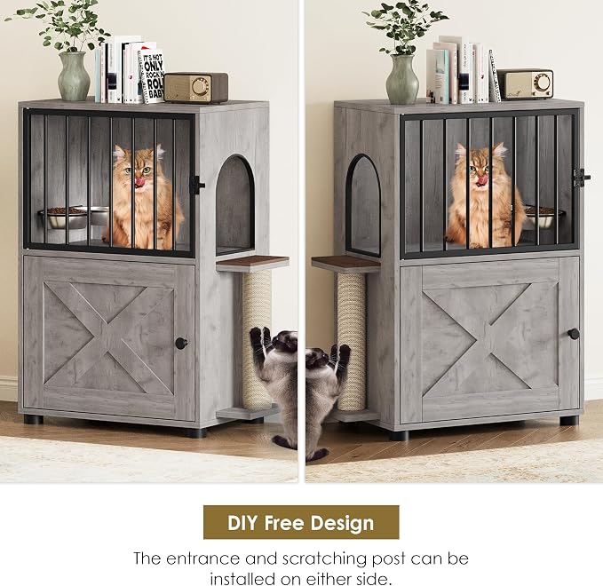 Dog Proof Cat Feeding Station, Dog Proof Cat Feeder, Cat Food Table, Gray | Cat Feeding Station with Scratching Post, Elevated Cat Food Bowls with Stand, Pet Food Storage Cabinet, Cat House - Image 5