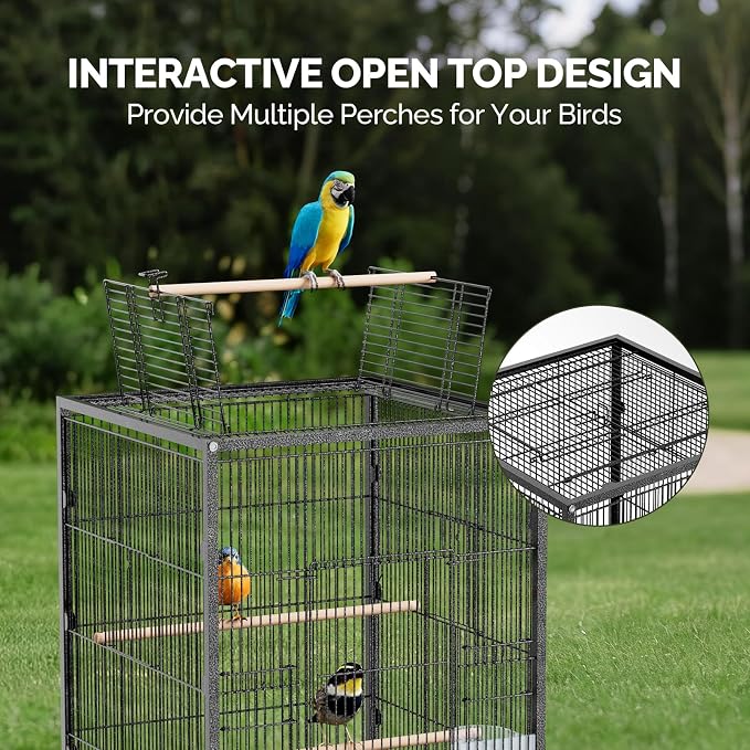 VINGLI 38-inch Bird Cage with Wheels, Durable Wrought Iron Parakeet Cage with Slide Out Tray, Black Bird Cages for Parakeets/Lovebird/Cockatiels/Budgies and Other Small/Medium Birds (Medium-38 inch) - Image 3