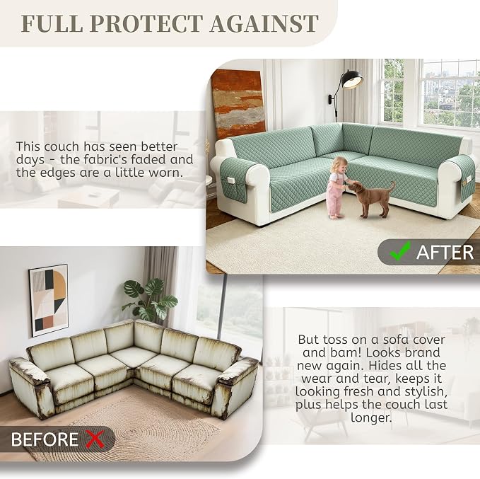 Sectional Couch Covers for Dogs 100% Waterproof Corner L Shaped Sofa Cover Pet Friendly Velvet Washable Anti Slip L Shape Modular Sofa Slipcover Protector with Pockets (Light Green, XX-Large) - Image 7