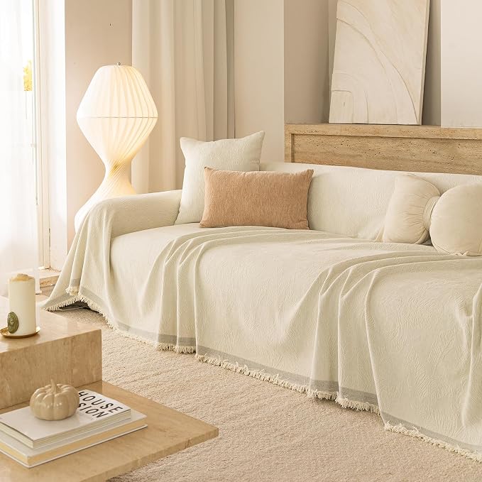 Beige Boho Couch Covers for Sofa Washable for 2 Cushion Couch,71''X118'' | Chenille Furniture Protector Sofa Couch Cover for Dogs, Soft Breathable Sofa Slipcover, Couch Throw Blankets with Tassels - Image 5