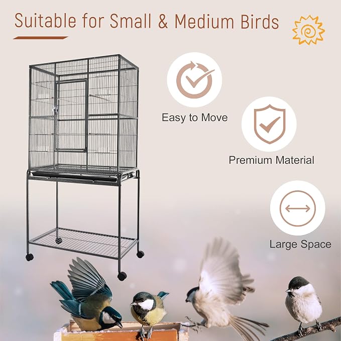 PawHut 30" Rolling Metal Bird Cage Feeder with Detachable Rolling Stand, Storage Shelf, Wood Perch & Food Container | Storage Shelf, Wood Perch, Food Container - Image 6