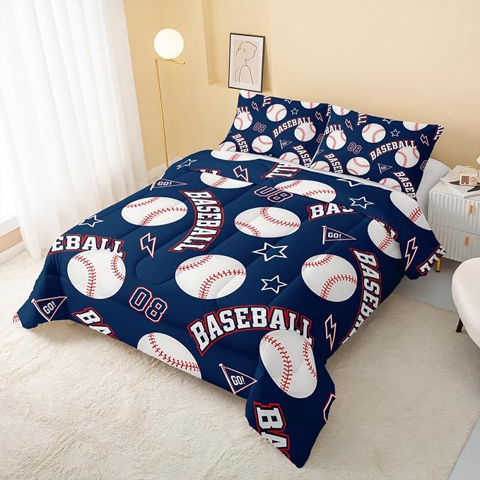 QOOMO 3D Baseballs Comforter King Size,Blue Baseball Kids Comforter Set,3Pcs Bedding Set Printed Comforter with 2 Pillowcases,Down Alternative,Soft and Lightweight,for All Seasons - Image 3