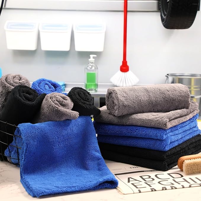 Shimeyao 30 Pcs16 x 16 Inch Edgeless Microfiber Plush Towels for Cars Detailing Drying Wash Polishing Absorbent Cleaning Cloths, 500 GSM (Navy Blue, Gray, Black) - Image 5