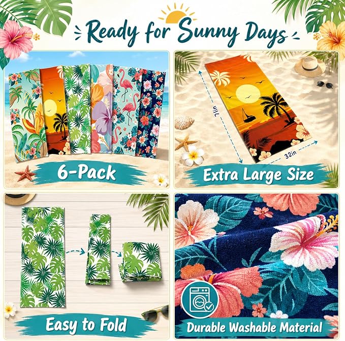 6 Pack Microfiber Beach Towel Set 32x71 Oversized Extra Large Swim Pool Towel Soft Fiber Beach Towels Set Bath Blanket for Summer Travel Spa Swim Pool Accessories Vacation Essential Gift(Hawaii) - Image 3