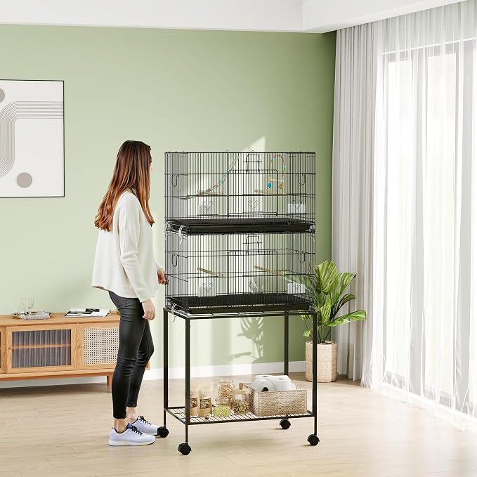 PawHut Double Stackable Bird Cage with Stand for Canaries, Lovebirds | Wooden Swing, Rope Ladder & Wheels, Budgie Cage, Storage Shelf, Removable Tray, Wooden Perches & Food Containers, Finches - Image 9