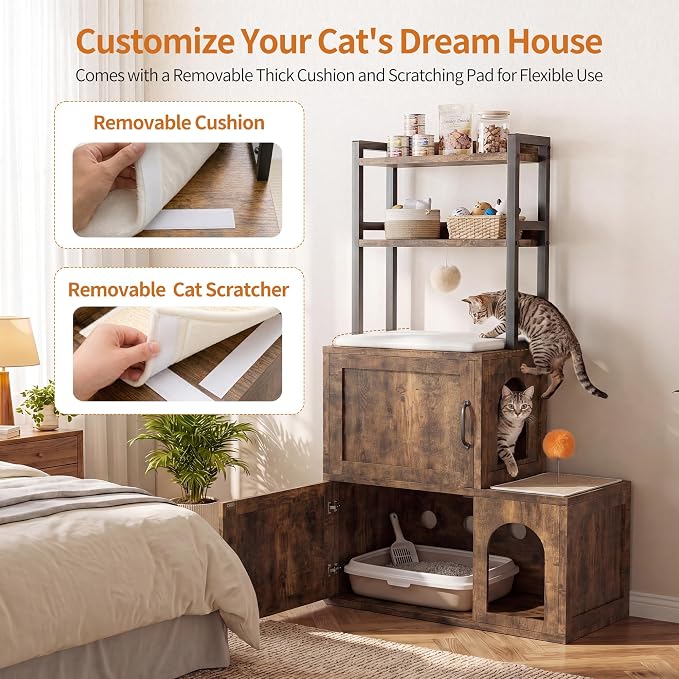 Heybly Cat Litter Box Enclosure Furniture, Double Hidden Litter Box Cabinet with Cat Tree, Large Litter Box Enclosure with Shelves & Storage, Cat House for 2 Cats, Cat Box Enclosure, Rustic HCLB002SR - Image 5