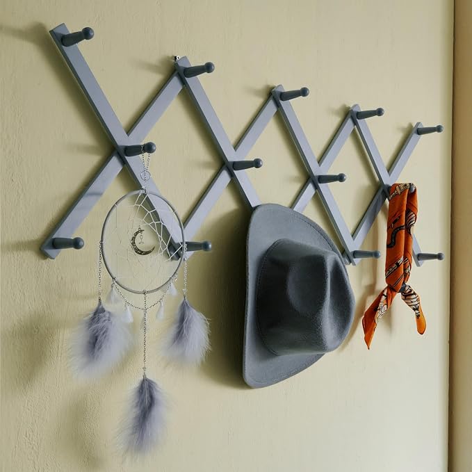 SKOLOO Hat Rack for Wall with 14 Hooks, Solid Wooden, Modern, Expandable Coat Rack Wall Mount for Coats, Hats, Bags, Baseball Caps, Dusty Gray Oak - Image 2