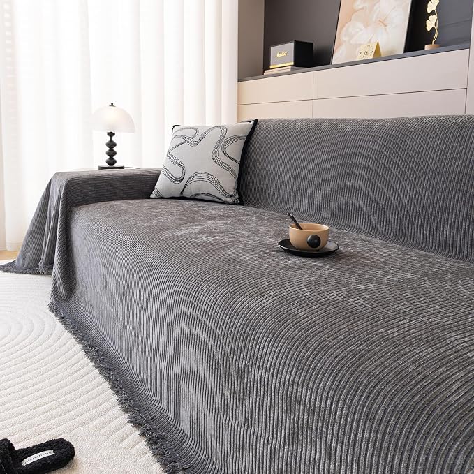 DREAMINGO Modern Minimalist Sofa Covers Washable Pet Furniture Protector Couch Cover for Dogs Cozy Chenille Couch Cover Blanket Stripe Textured Sectional Couch Slipcovers (XX-Large, Dark Grey) - Image 2