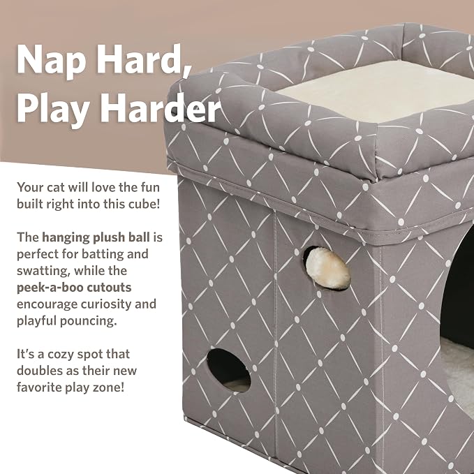 MidWest Homes for Pets Feline Nuvo Curious Cat Cube, Foldable Cat Hideout with Toy, Bolstered Bed Top, Mushroom Diamond, Faux Fur - Image 4