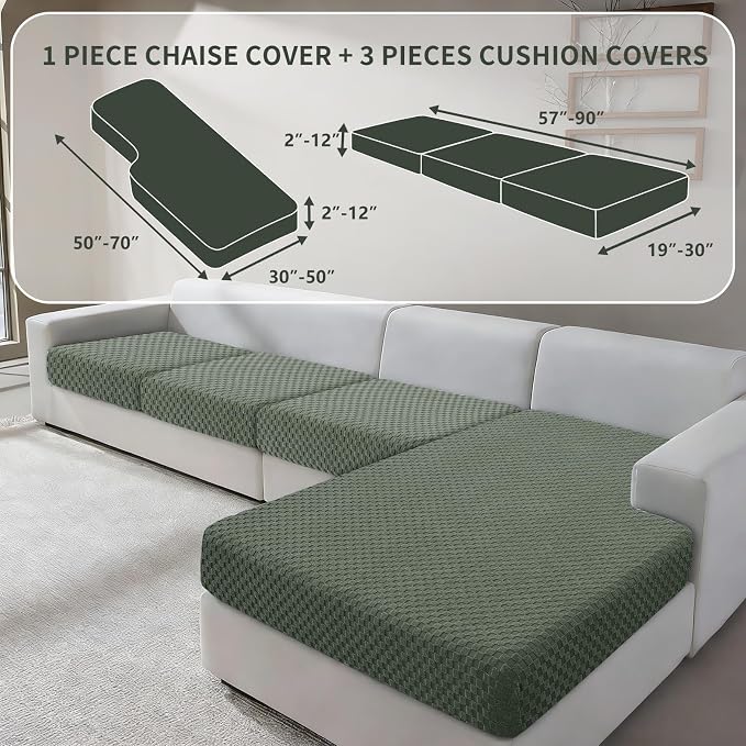 YEMYHOM Couch Cushion Covers for Sofa, Stretch Sectional Couch Seat Cushion Covers Washable Thick Furniture Protector Sofa Slipcovers for Pets (3 Seater + 1 Chaise, Army Green) - Image 2