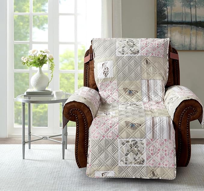 Brilliant Sunshine Grey Cupid & Pink Roses Couch Recliner Cover, 28" seat | Patchwork Design, Non Slip Sofa Cover, Furniture Protector, Large Washable Reclining Chair Slipcover for Pets, Dogs & Cats - Image 2