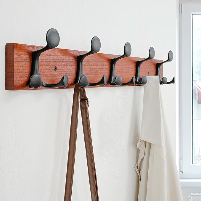 SKOLOO 24-Inch Cherry Wood Coat Rack Wall Mount with 5 Triple Hooks - Ideal for Family Entrances, Classrooms, and Pet Supplies Storage - Perfect Coat Hooks for Wall - Image 3