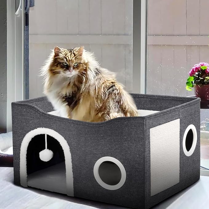 Heeyoo Cat House for Indoor Cats - Large Cat Bed Cave with Fluffy Ball and Scratch Pad, Foldable Cats Houses & Condos, Cat Hideaway, Covered Kitty Bed for Multi Small Large Kitty, 23.8x15.9x13.2 Inch - Image 7