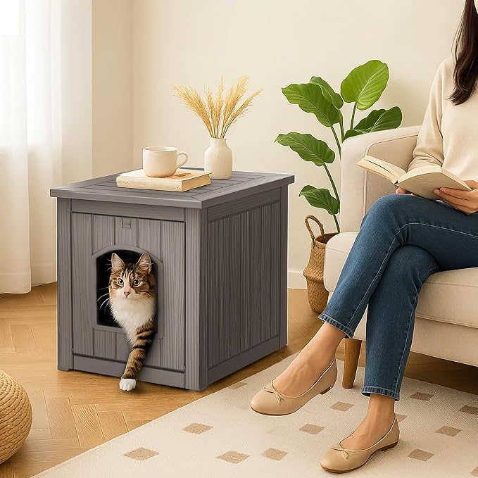 Cat Litter Box Enclosure, Plastic Hidden Litter Box Side Table with Openable Front Door, Cat Box Enclosure Cabinet for Indoor & Outdoor Use, Weatherproof, Easy to Clean & Assemble, Grey - Image 5