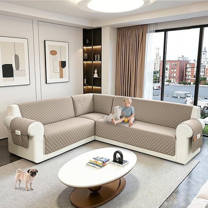 Sectional Couch Covers for Dogs 100% Waterproof Corner L Shaped Sofa Cover Pet Friendly Velvet Washable Anti Slip L Shape Modular Sofa Slipcover Protector with Pockets (Taupe, XL Plus) - Image 6