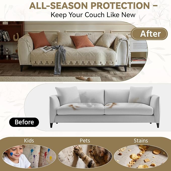OTOB Quilted Pet Couch Cover Washable, Non-Slip Sofa Protector, 1 Piece | Khaki, 27.6"x59.1", Premium Cotton, Rustic Farmhouse Embroidery, All Seasons, Soft Thick, Breathable, Wear-Resistant - Image 2