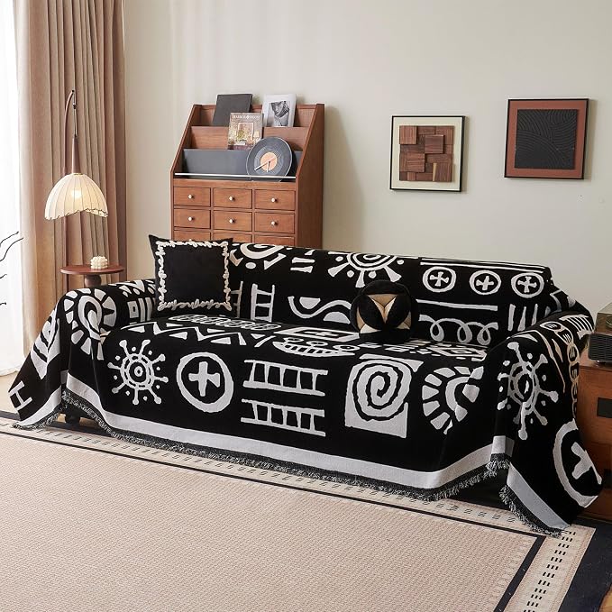 DREAMINGO Black Japandi Couch Cover Boho Tribal Jacquard Sofa Covers for 3 Cushion Couch Thick Soft Chenille Living Room Furniture Futon Sectional Sofa Slipcovers Washable, X-Large 71"x134" by DREAMINGO