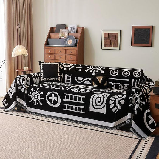 DREAMINGO Black Japandi Couch Cover Boho Tribal Jacquard Sofa Covers for 3 Cushion Couch Thick Soft Chenille Living Room Furniture Futon Sectional Sofa Slipcovers Washable, XX-Large 71"x150" by DREAMINGO